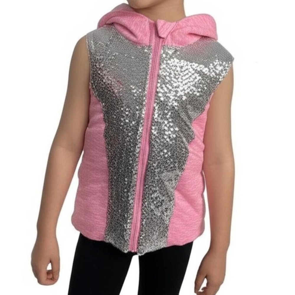 Miss Chievous Vest Girls L Pink Silver Sequin Hooded Full Zip‎ Stretch Trendy